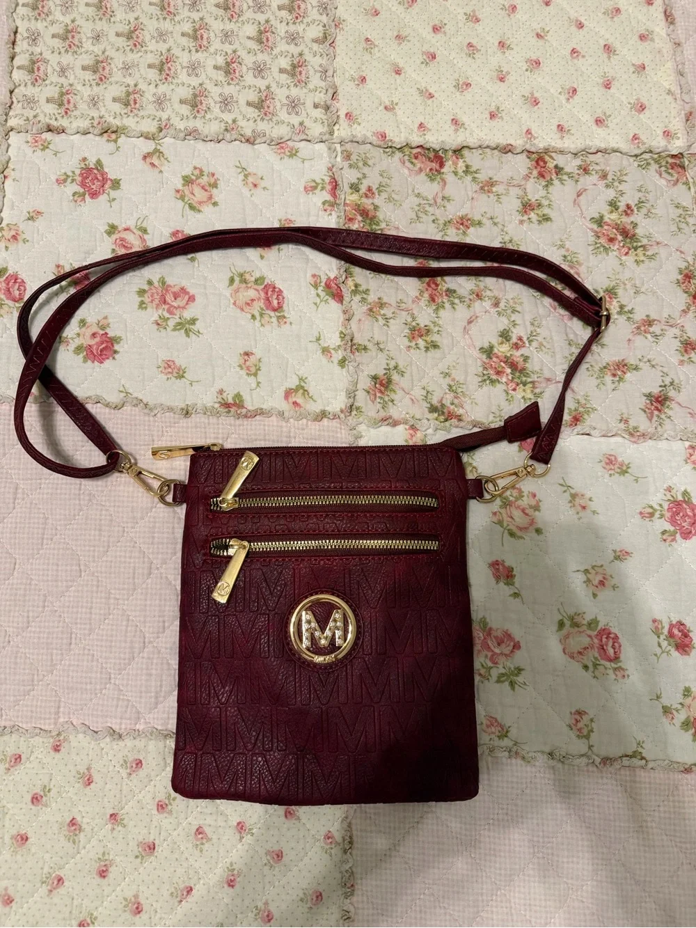 NWOT Burgundy Crossbody Bag with Gold Hardware.